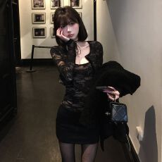 批发蕾丝微透显瘦辣妹<b class='q'>上衣</b>修身吊带背心+短款<b class='q'>外套</b>开衫套装