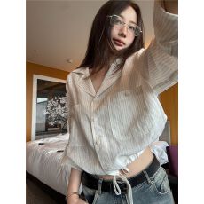 批发【原版仿麻布料韩系条纹<b class='q'>西装</b>领短袖衬衫春季抽绳宽松气质衬衣小众