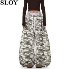 批发美式复古字母刺绣迷彩弯刀卫裤男女<b class='q'>潮</b>牌设计感跳舞宽松阔腿裤