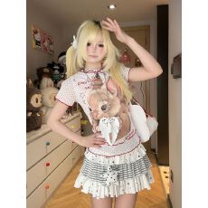 批发【网纱100%涤纶】假两件可爱兔子波点短袖T恤百搭女夏季修身轻薄