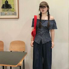 批发【原版<b class='q'>格子</b>布】法式荷叶边一字肩<b class='q'>格子</b>短袖<b class='q'>衬衫女</b>夏掐腰上衣