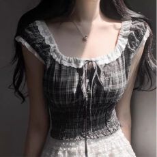 批发韩国chic夏季减龄复古小众设计感气质时尚抽绳领口<b class='q'>修身</b>短袖<b class='q'>衬衫</b>女