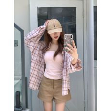 批发韩系粉色格纹防晒衬衫女2026新款慵懒宽松休闲百搭上衣<b class='q'>外套</b>春