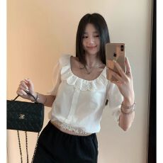 批发圆领<b class='q'>泡泡袖</b>衬衫女夏季新款通勤绣花纯色宽松短袖<b class='q'>上衣</b>