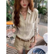 批发原麻色<b class='q'>亚麻</b>老钱风衬衫女夏薄款松弛感设计感V领棉麻衬衣防晒上衣