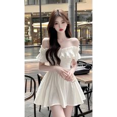 批发双层带里白色一字肩短袖连衣裙女<b class='q'>夏季</b>新款木耳边a字<b class='q'>短裙</b>