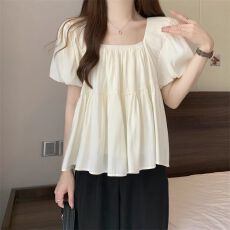 批发法式大码方领短袖衬衫夏季遮肚显mm<b class='q'>甜美</b>泡泡上衣短款天娃娃衫