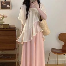 批发大码女装法式荷叶边不规则方领雪纺衫女夏季胖MM宽松显瘦短袖上衣