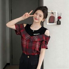 批发假两件衬衫女2026年夏韩版新款露肩拼接条纹宽松圆领短袖t恤上衣