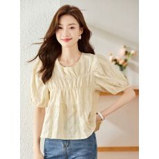 批发泡泡袖衬衫女夏季2026新款法式设计感小个子褶皱宽松短款别致小衫