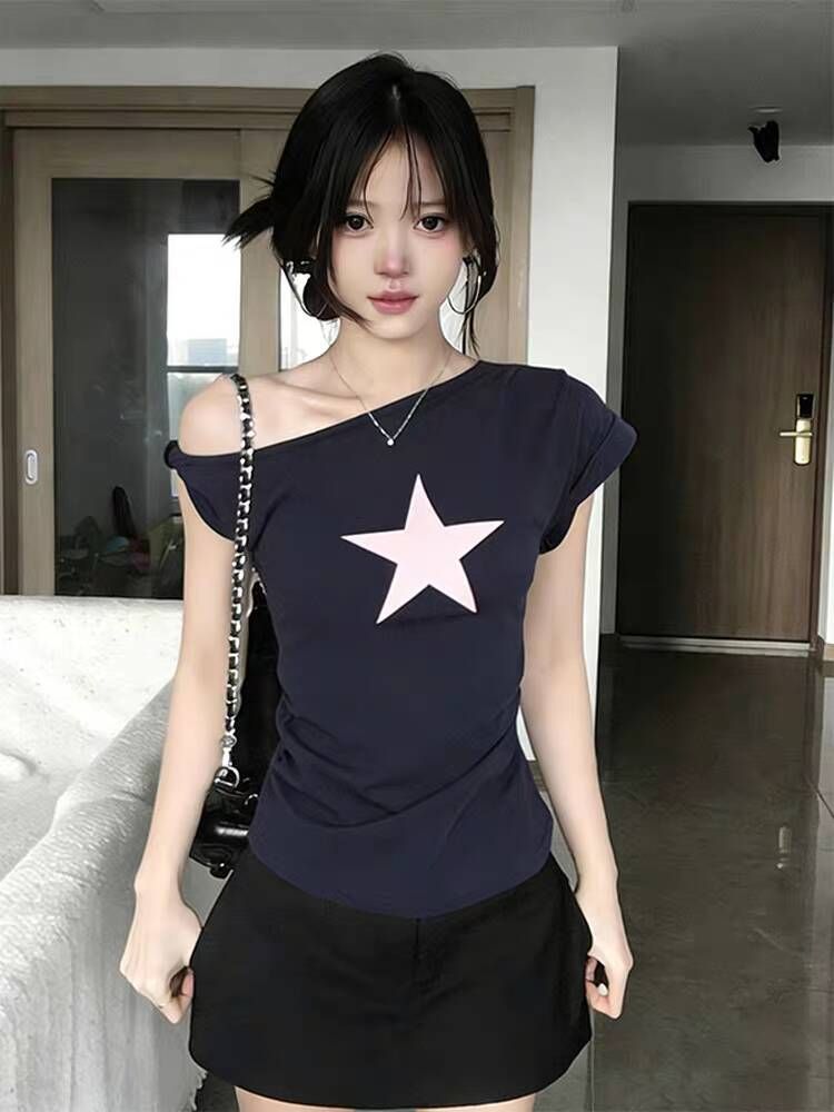40 면 1 1 오스트리아 세대 서울 220 그램 아메리칸 핫걸 비스듬한 어깨 별 프린트 반팔 티셔츠 여성