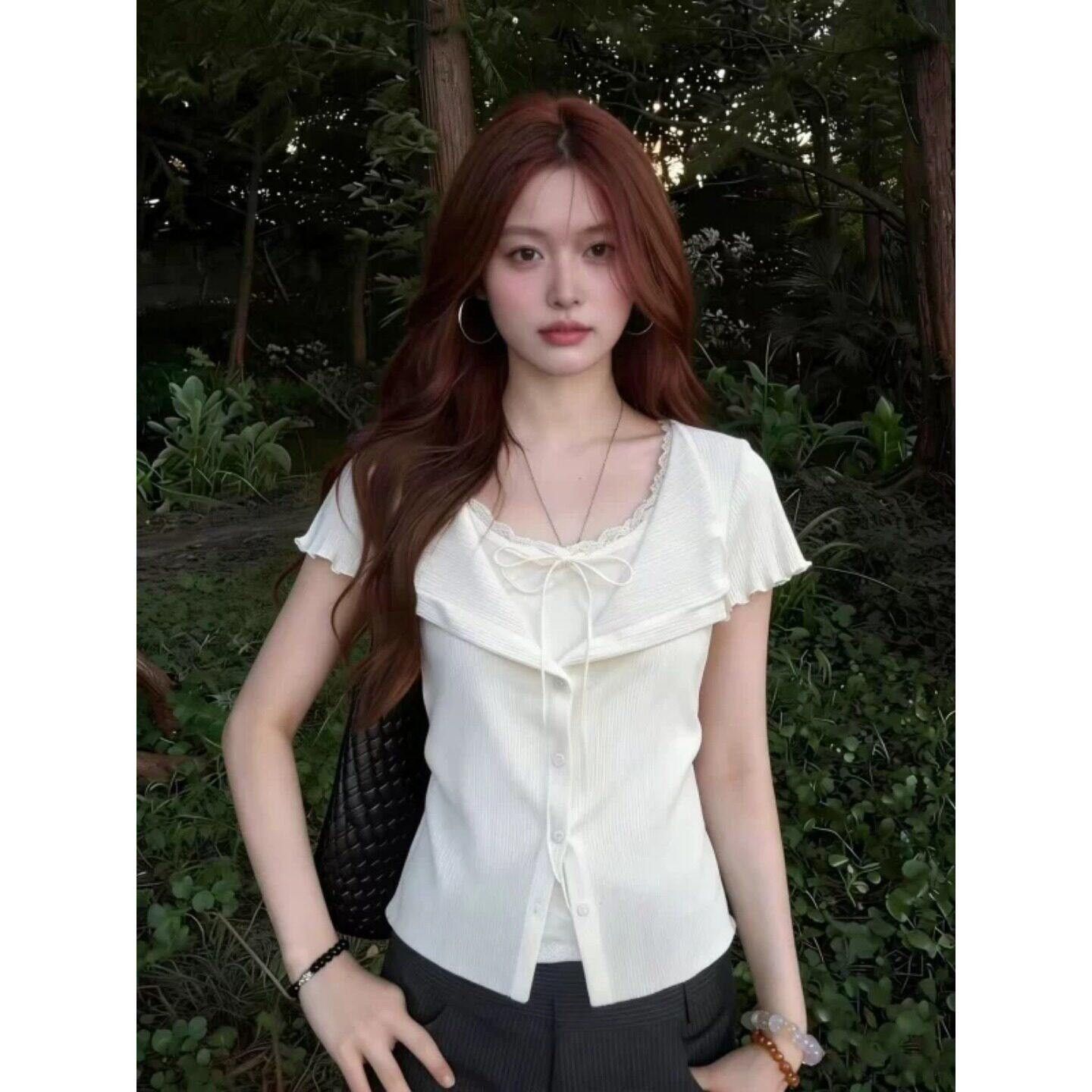원본 솜씨 순수한 욕망 V넥 레이스업 긍정적 인 어깨 반팔 티셔츠 여성 여름 프릴 페이크 레이어드 허리 수축 슬림해 보이는 맨위