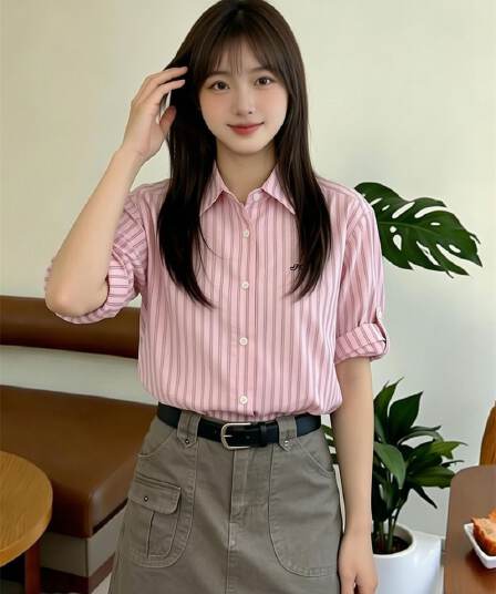 원본 1 1 품질 자수 세로 줄무늬 면 여성 셔츠 봄 여름 작은 키 맨위