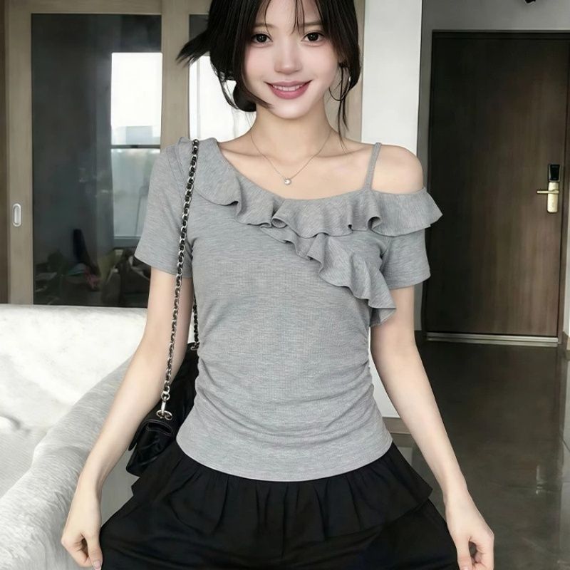 260 그램 사람들 면 회색 고급 센스 프릴 비스듬한 어깨 반팔 티셔츠 여성 여름 핫걸 오프숄더 아름다운 맨위
