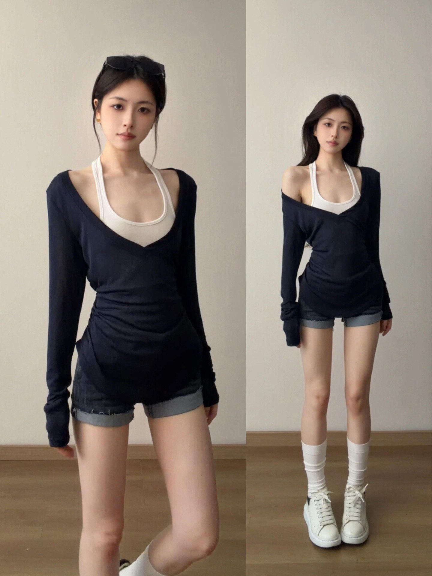 페이크 레이어드 행침 목 V넥 자외선 차단 긴팔 티셔츠 여성 여름 2026 새로운 얇고 가벼운 거즈 덮개 셔츠 허리 수축 슬림해 보이는