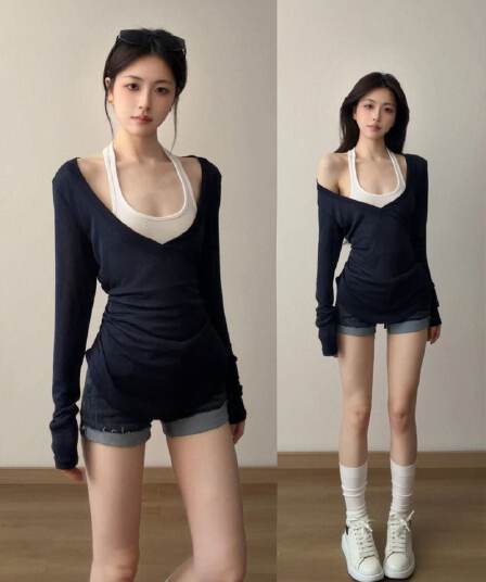 페이크 레이어드 행침 목 V넥 자외선 차단 긴팔 티셔츠 여성 여름 2026 새로운 얇고 가벼운 거즈 덮개 셔츠 허리 수축 슬림해 보이는
