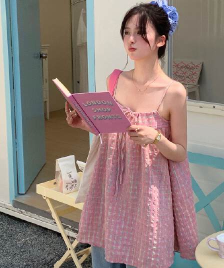 원본 원단 달콤함 다용도 레이스업 나비 매듭 핑크색 체크무늬 캐미솔 연령 감소 민소매 맨위