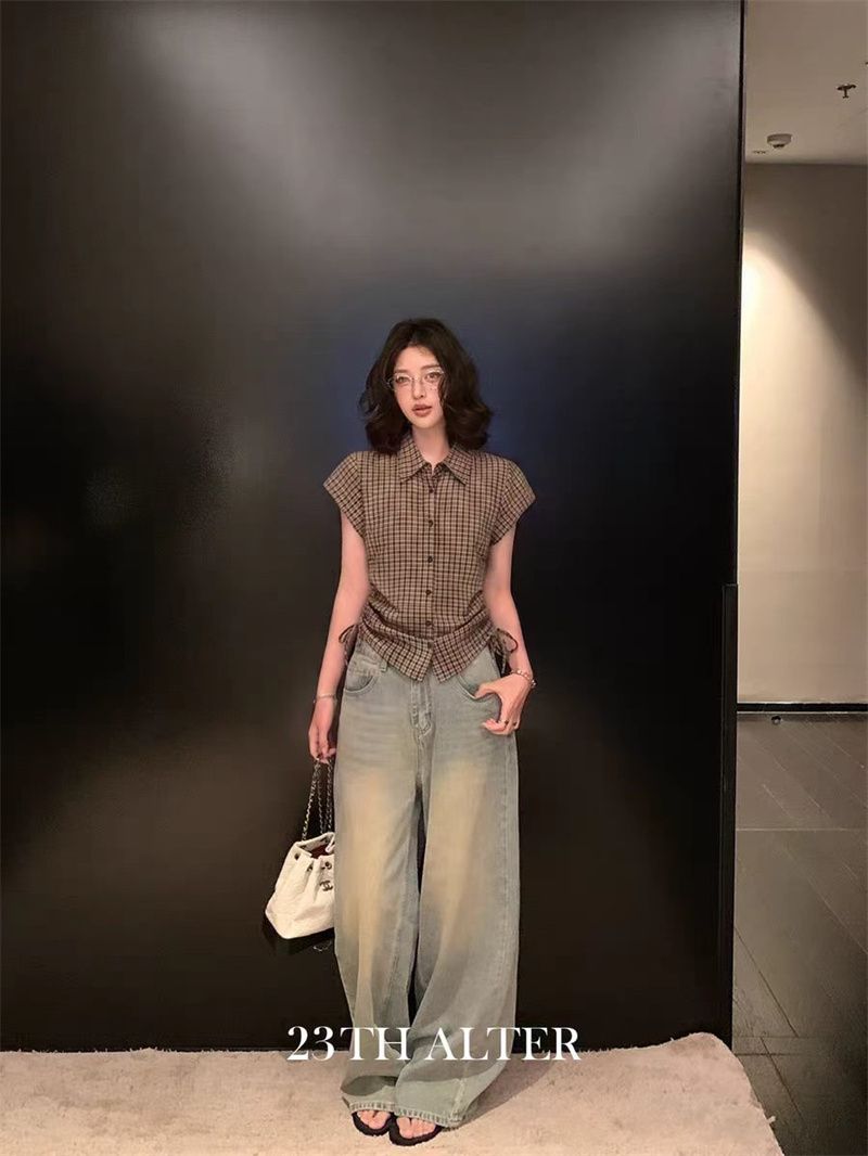 원본 1 1 품질 커피 색상 체크무늬 반팔 셔츠 몸매 가꾸기 슬림해 보이는 허리 수축 셔츠 작은 맨위