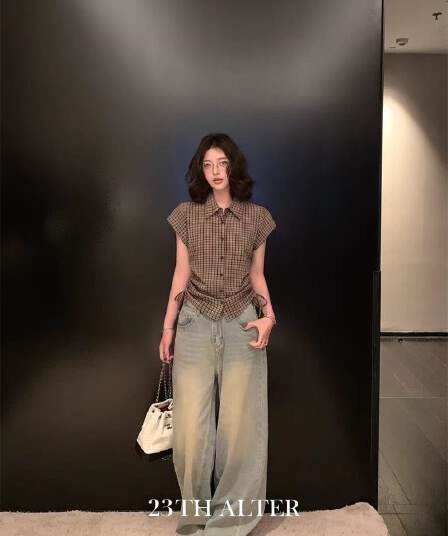 원본 1 1 품질 커피 색상 체크무늬 반팔 셔츠 몸매 가꾸기 슬림해 보이는 허리 수축 셔츠 작은 맨위