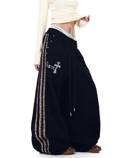 아메리칸 조수 브랜드 무거운 작업 레오파드 무늬 패치워크 징 모통이 칼 웨이 바지 남녀 아시아 인 ~보다 루즈핏 와이드 레그 팬츠