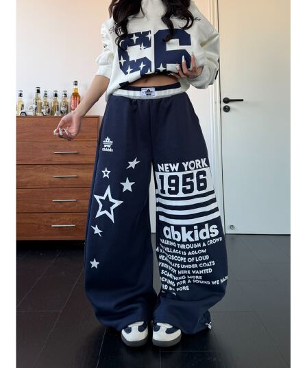 아메리칸 레트로 숫자 알파벳 오각형 별 프린트 더블 허리 머리 캐주얼 바지 남녀 루즈핏 스트리트 댄스 넓은 다리 길이 바지 트렌디