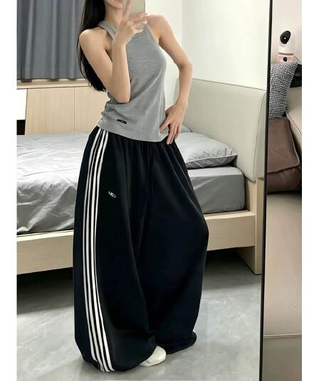 도루 센스 실크 미끄러짐 측면 네 바 아메리칸 와이드 레그 팬츠 소나무 펌프 로프 루즈핏 긴 바지