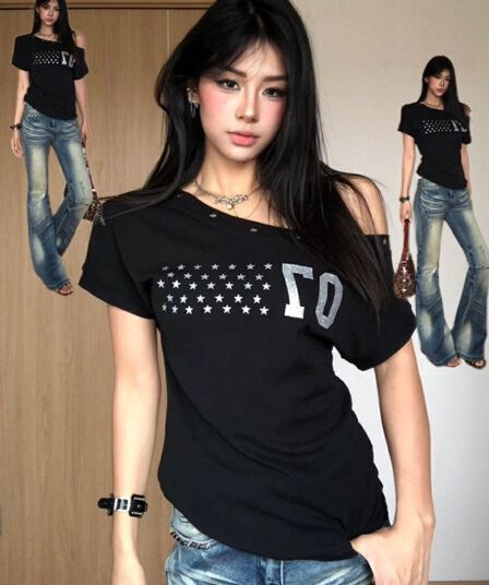 40 순면 210 그램 아메리칸 새로운 여름 별 프린트 비스듬한 어깨 반팔 티셔츠 여성 여름 디자인 맨위 여성