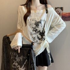 批发法式破洞别致露肩<b class='q'>长袖</b>T恤女2025早秋<b class='q'>大码</b>胖mm不规则抽绳小衫上衣