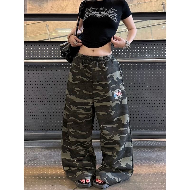 아메리칸 레트로 알파벳 자수 반짝임 운동 카모플라주 바지 캐주얼 바지 다용도 루즈핏 넓은 다리 스트레이트 웨이 바지 여성