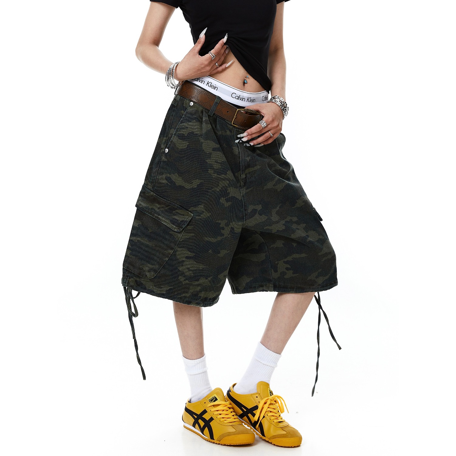 아메리칸 펌프 로프 기타 주머니 알파벳 카모플라주 워크웨어 반바지 남녀 디자인 센스 바지 오부 바지