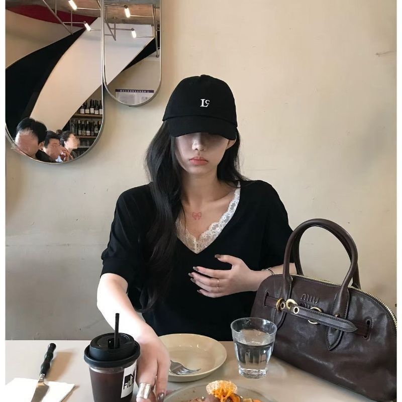 원본 레이스 조각 커프스 있음 마 뭉치 수입 허리 있음 마 주름 한 부서 순수한 욕망 바람 레이스 V넥 반팔
