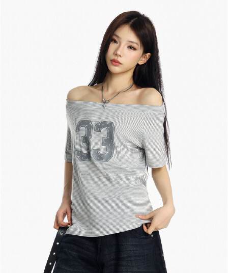 40 차가운 실크 코튼 여름 비스듬한 어깨 반팔 여성 숫자 프린트 오프숄더 티셔츠 아메리칸 핫걸 루즈핏 캐주얼 맨위