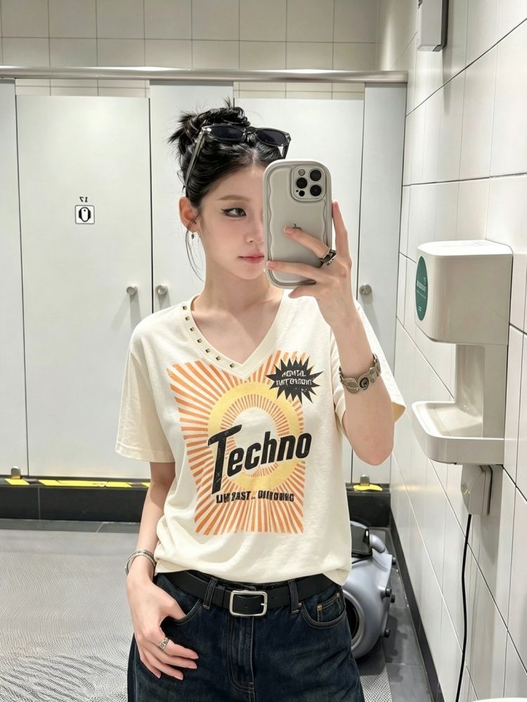 순면 대나무 마디 y2k V넥 징 프린트 반팔 티셔츠 여성 슬림해 보이는 맨위