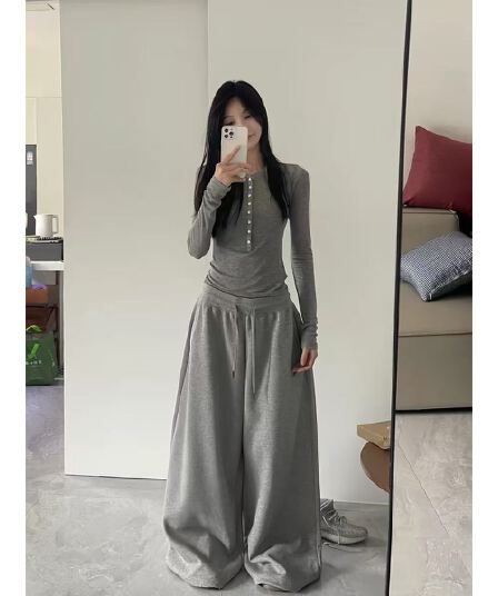 여름 느긋한 레트로 ins 아메리칸 운동 재즈 바닥 청소 바람 넓은 루즈핏 캐주얼 웨이 바지