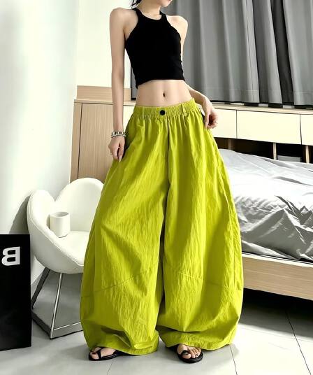 얼음 실크 오리지널 디자인 와이드 레깅스 바지 2026 여름 새로운 밴딩 하이웨이스트 모통이 칼 자외선 차단 루즈핏 캐주얼 바지