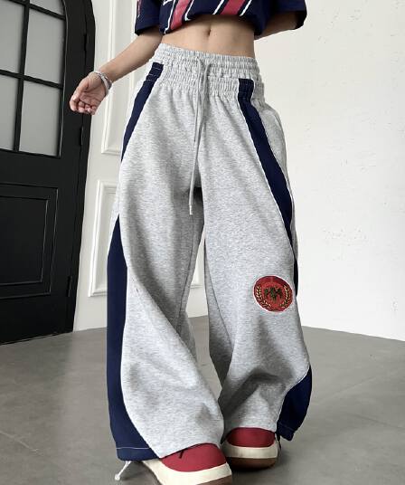 아메리칸 더블 머리 허리 휘장 자수 디자인 웨이 바지 루즈핏 넓은 다리 도루 센스 캐주얼 긴 바지