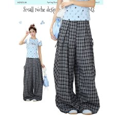 批发2026夏季新款甜辣显腰身高个子休闲<b class='q'>裤</b>女宽松阔腿<b class='q'>格子</b>休闲<b class='q'>裤</b>