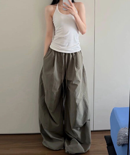 차가운 센스 속도 건조한 ins 여름 레트로 아메리칸 느긋한 바람 패치워크 펌프 Pleat 넓은 다리 루즈핏 얇은 스타일 캐주얼 바지