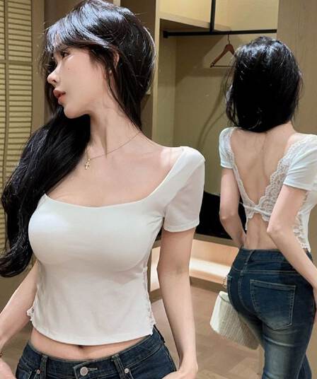 사람들 면 벨트 가슴 패드 순수한 욕망 바람 레이스 반팔 티셔츠 여성 여름 쇼트 스타일 몸매 가꾸기 기본 셔츠 맨위