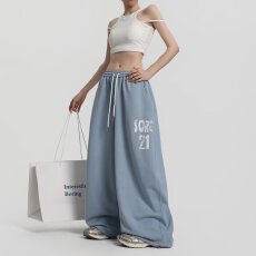 批发美式复古水洗蓝色阔腿卫裤男女宽松垂感<b class='q'>休闲</b>街舞长裤