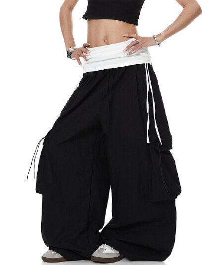 여름 아메리칸 뒤집다 허리 패치워크 펌프 Pleat 디자인 센스 낙하산 병 워크웨어 팬츠 남녀 재즈 춤추기 와이드 레그 팬츠 캐주얼 바지