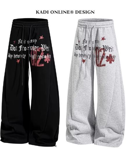아메리칸 거리 별 알파벳 프린트 밴딩 캐주얼 모통이 칼 바지 남녀 루즈핏 춤추기 운동 넓은 다리 길이 바지