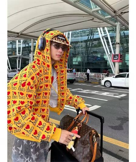 캐주얼 재킷 2026 봄 가을 새로운 후드티 전체 인쇄 하트 프린트 루즈핏 캐주얼 후드 지퍼 후드티 트렌디
