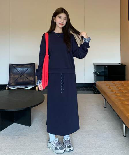 빅 사이즈 아메리칸 레트로 회색 스포츠 슈트 여성 셔츠 반신 스커트 투피스 세트
