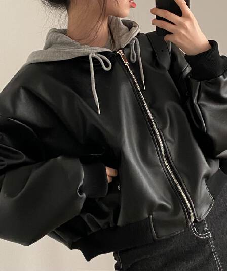 한국 chic 가을 겨울 작은 대중 레트로 지퍼 더블 주머니 캐주얼 루즈핏 다용도 페이크 레이어드 후드 가죽 재킷 재킷