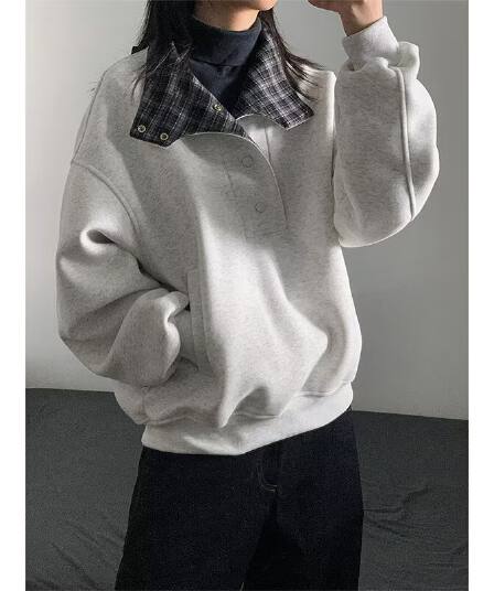 조수 브랜드 레트로 체크무늬 POLO 칼라 후드티 남자 봄 가을 루즈핏 커플 다용도 폴로 칼라 캐주얼 맨위