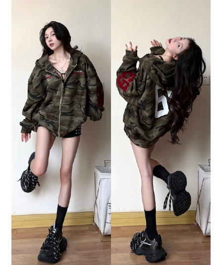 아메리칸 오버레이 고대 높음 거리 vibe 바람 카모플라주 후드 티 스웨터 여성 루즈핏 디자인 센스 작은 대중 오픈 가디건 작은 키 재킷