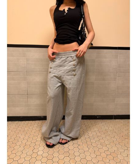 아메리칸 레트로 궁정 넓은 다리 웨이 바지 기타 단추 허리밴드 스트레이트 루즈핏 슬림해 보이는 캐주얼 바닥 청소