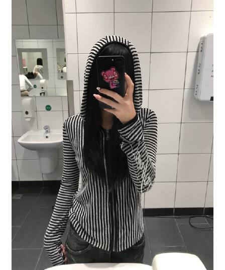빛 아시아 인 레트로 스트라이프 후드 티 스웨터 남녀 가을 몸매 가꾸기 슬림해 보이는 y2k 핫걸 지퍼 모자 셔츠 고유 한 재킷