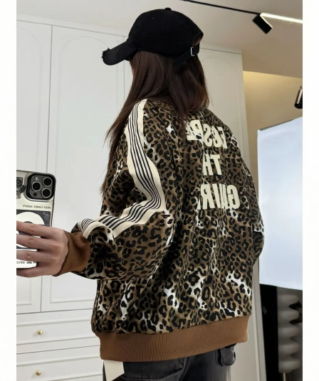 2026 봄 가을 새로운 레오파드 무늬 터틀넥 오픈 가디건 후드티 재킷 고급 센스 거리 캐주얼
